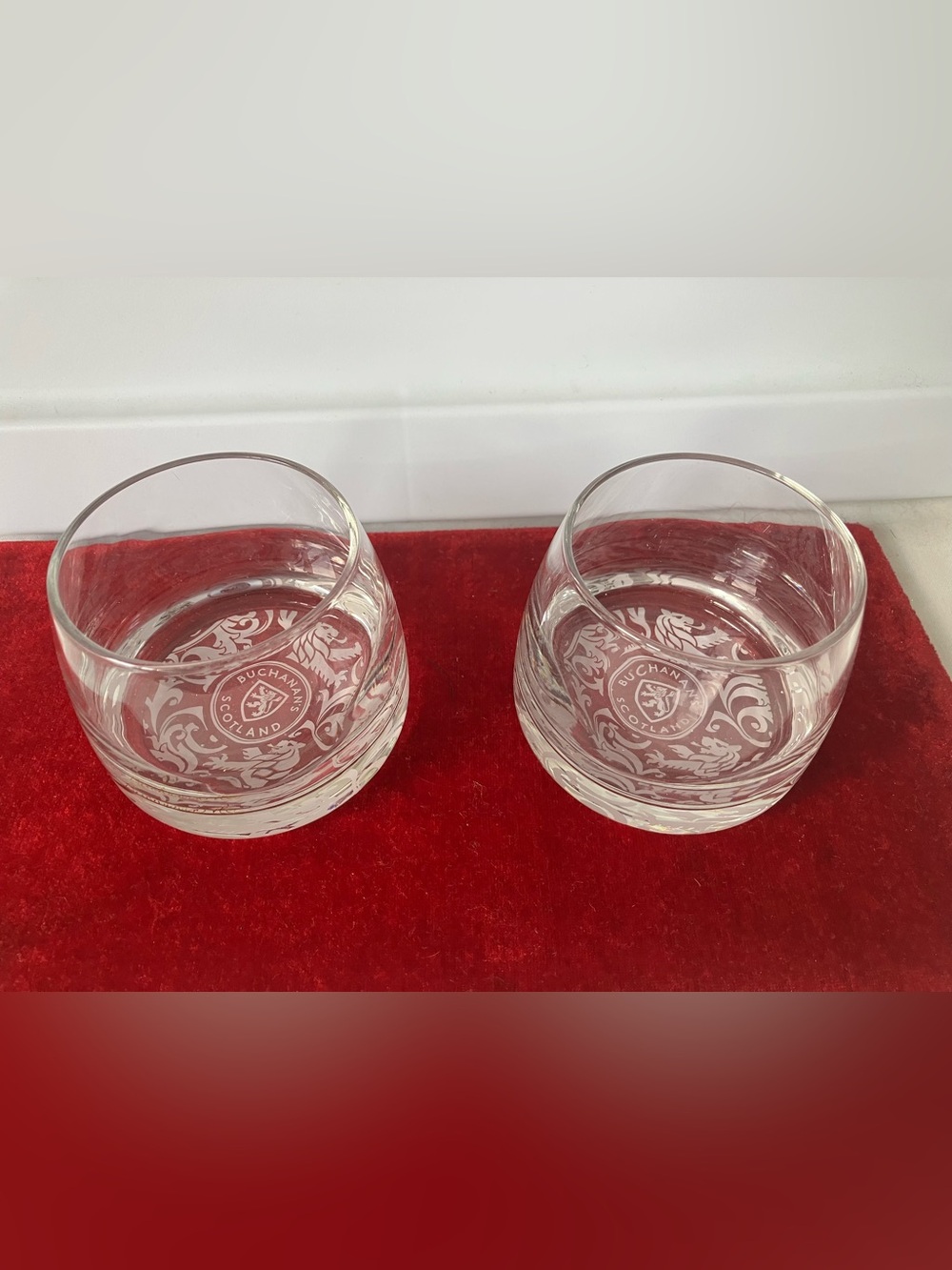 Set of 2 Buchanan's Scotland Scotch Whisky Rocking Glasses Tilting Wobble Rocks.
